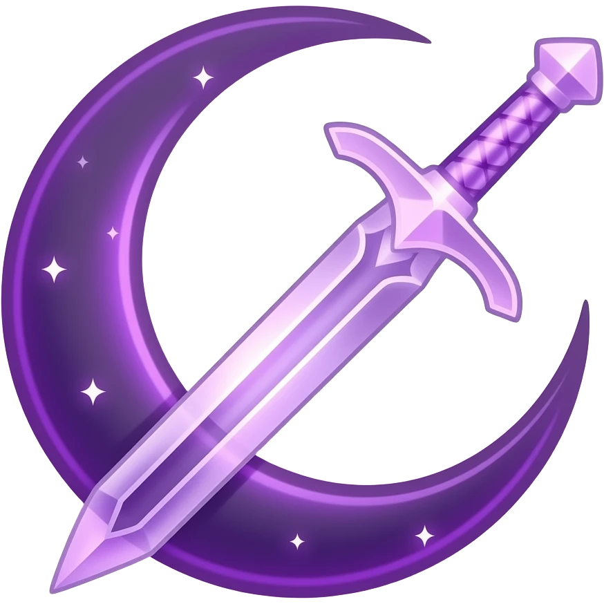 Glowing dark purple detailed crescent moon with an elegant detailed glowing transparent sword, emoji style. Soft violet and pink glow, minimal clean design, smooth edges, subtle lighting, centered, high contrast, transparent background. emoji