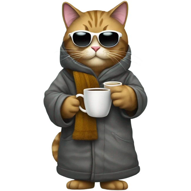 Expensive furry cat snowboarding holding a cup of coffee, sunglasses and a robe  emoji