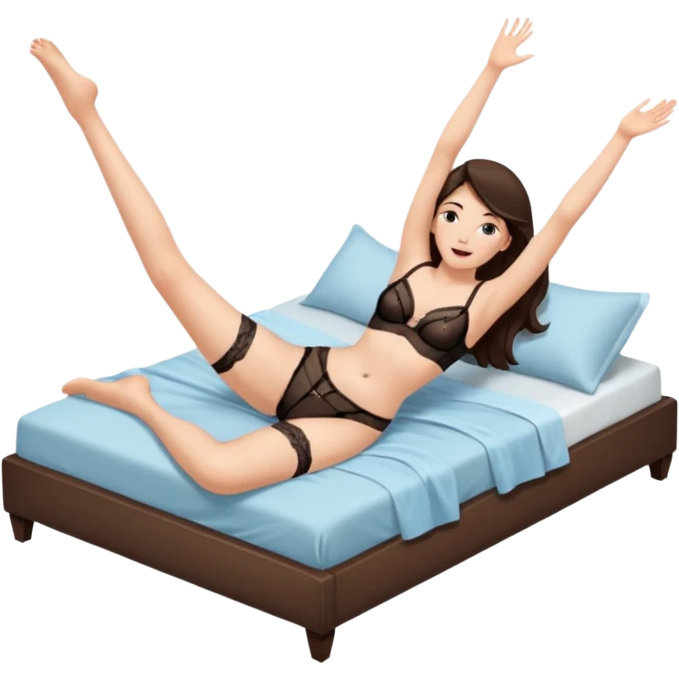 Brunette woman lying on bed with legs spread wide in the air emoji