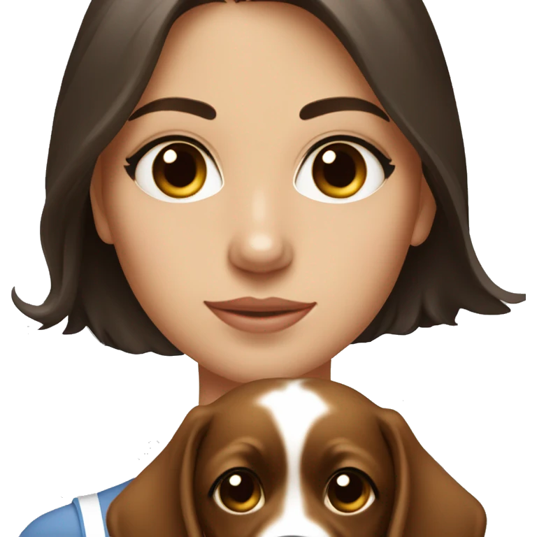 medium length pretty brunette haired woman with dark brown eyes holding a dog emoji