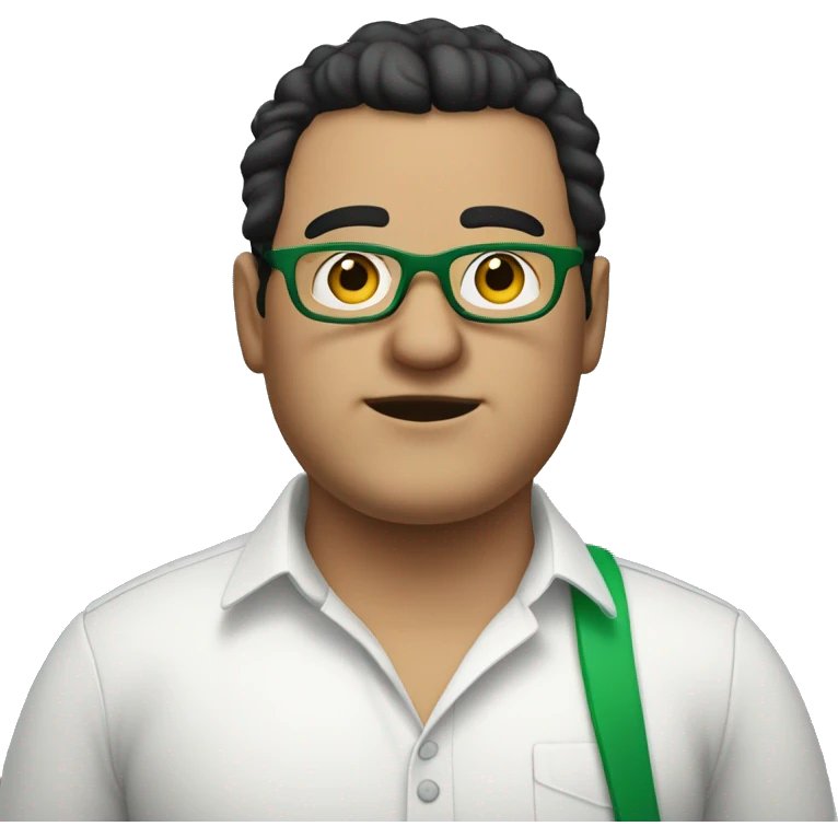 fat white man wearing green pants and white shirt with black hair and round glasses emoji