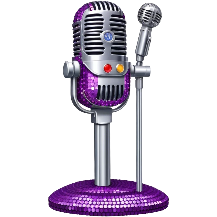 Create a glamorous and vibrant emoji representing stage vocal performance. The design should feature a humanless collage of classic vintage microphone, stage costume covered in rhinestones, sparkling brightly. The costume should be stylized, with glittering elements like sequins and sparkles, and reflect the glitzy, extravagant nature of show business. The microphone should have a sleek, retro look with chrome or metallic accents. Use rich, dazzling colors like gold, silver, deep purple, and bright red to evoke the glamorous, larger-than-life feel of a stage performance. The background should be transparent. emoji