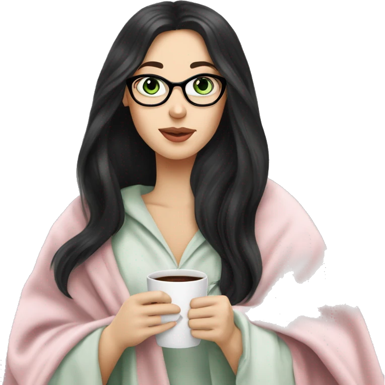 A pretty white girl with very long black hair and green eyes in a light pink blanket sipping coffee with glasses on emoji