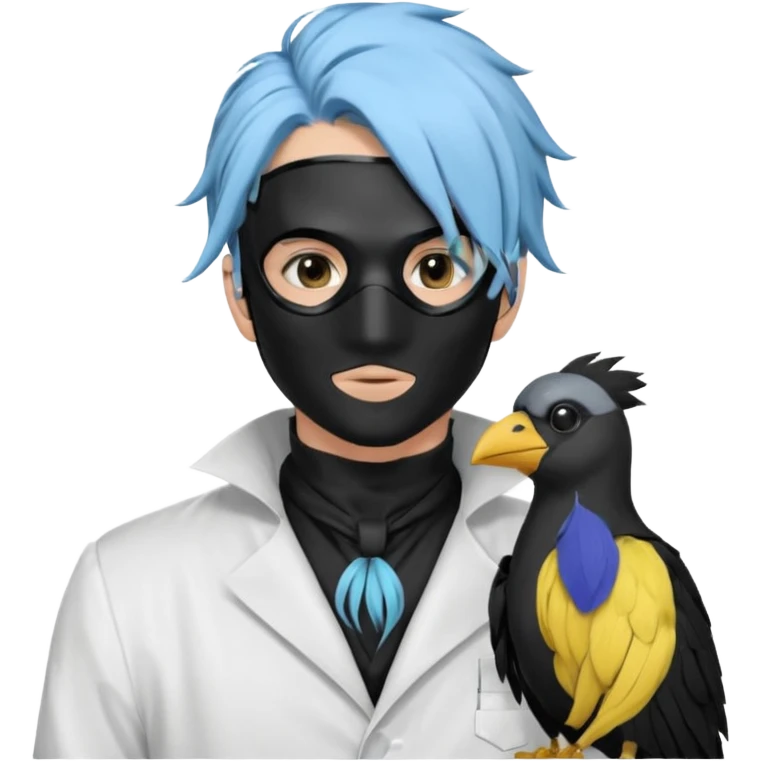 Handsome sexy adult anime man with light-blue hair and a black bird beak mask that covers whole face, black face mask, black mouth mask, black feathers draped over shoulder, wearing a white lab coat, long thin hair tendrils on the sides emoji