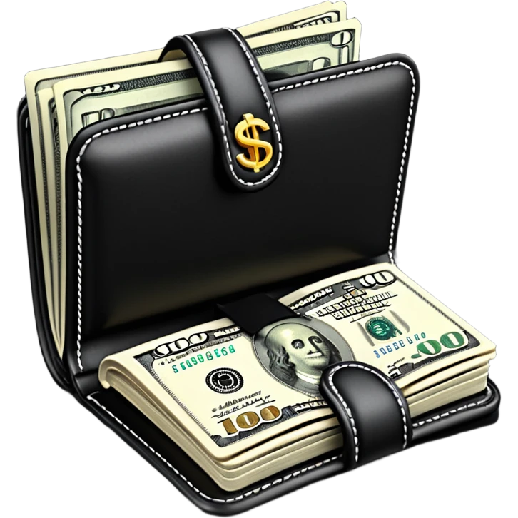 Rich emoji style black leather wallet with dollar bills, luxury money vibe, premium 3D emoji, ultra clean, high detail, no background
 emoji