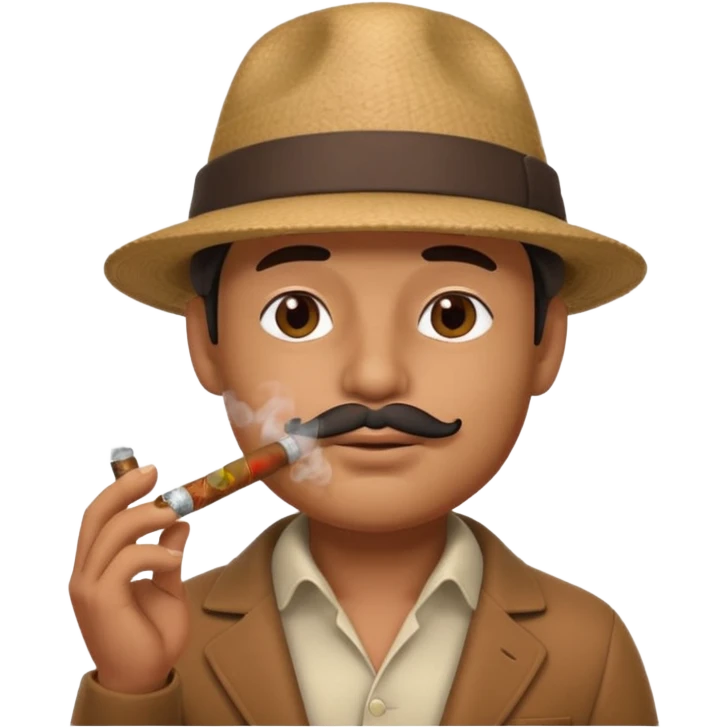 A 3D cartoon man wearing a hat, puffing cigar smoke, calm expression, soft lighting, realistic Memoji-style. emoji
