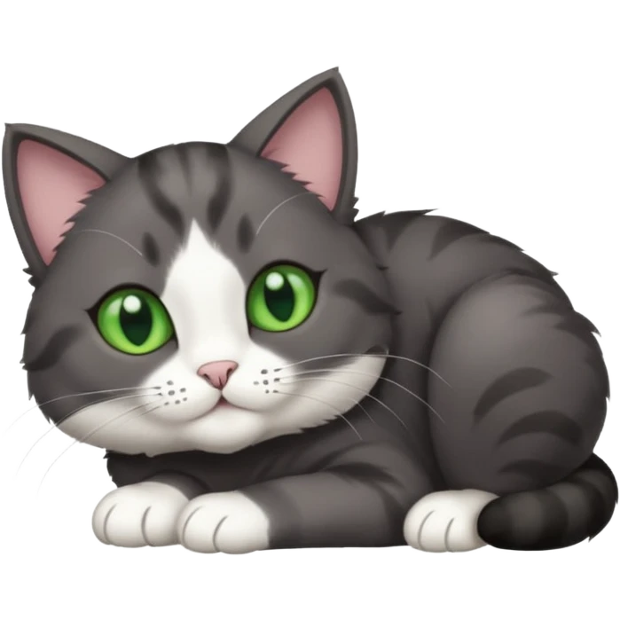 dark grey cat with green eyes, white toes/paws and white patch on her chest playfully rolling upside down emoji