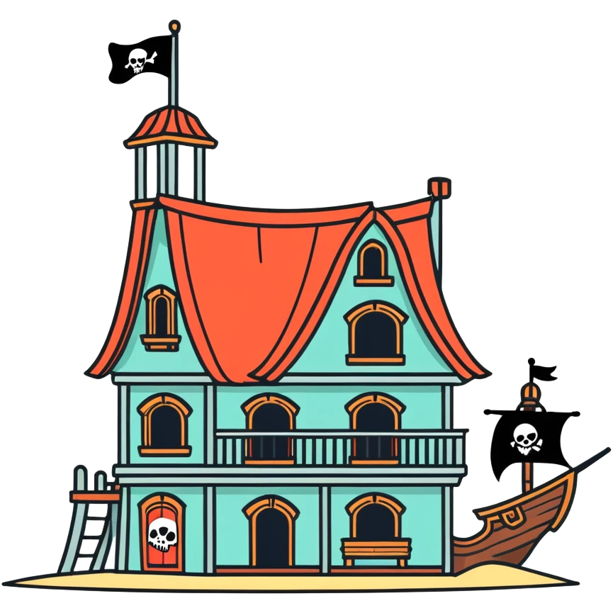 old pirate's house with skull flag emoji