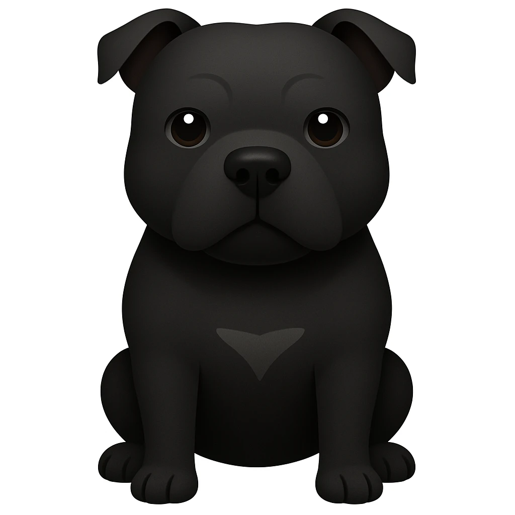 Create an emoji style illustration of a Staffordshire Bull Terrier in black color. The style should resemble apple style emojis with concise details and no text. emoji