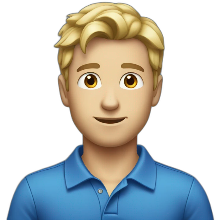 caucasian male, black scraggy hair, blue polo shirt emoji