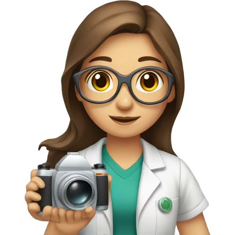 Girl, with brown hair and brown eyes, she holds camera in left hand and laboratory things in left hand emoji