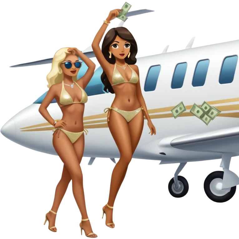 tefi valenzuela wearing diamond sparkle bikini and josh king madrid standing on private plane throwing money at her emoji