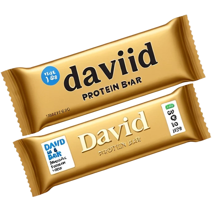 protein bar gold wrapper that says David on it in black font with a small brown box on it  emoji
