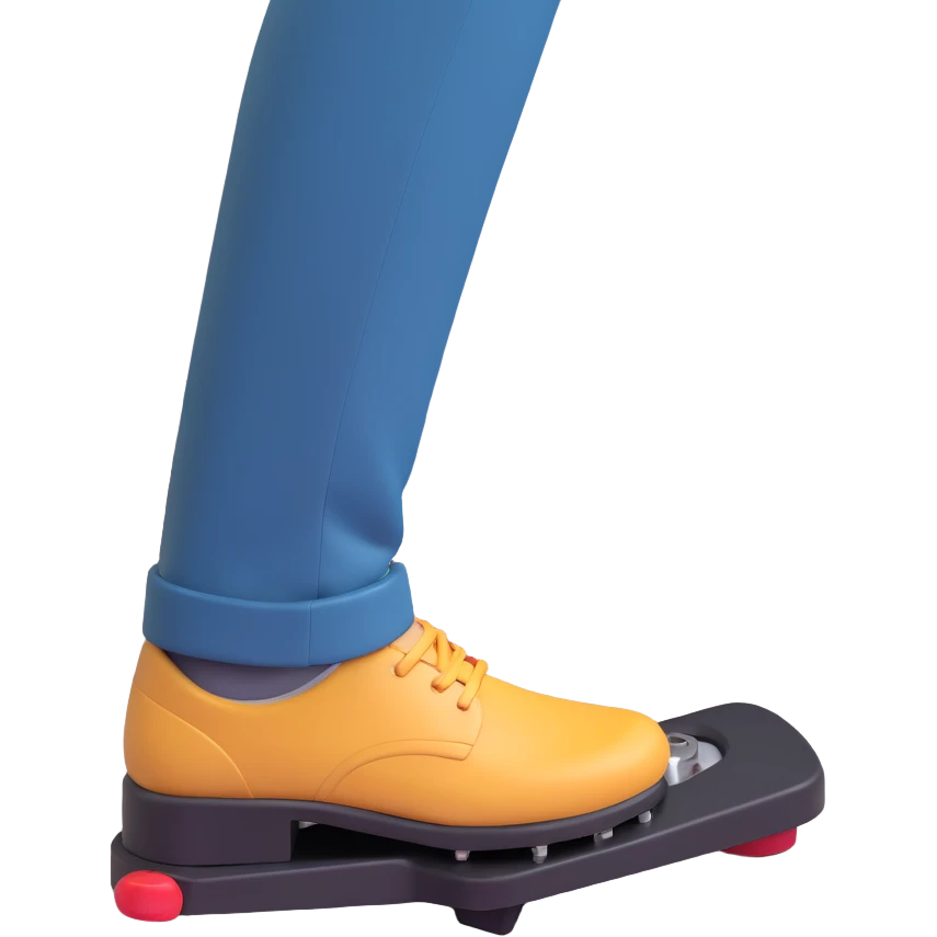 A clean 3D emoji-style illustration of a single right foot pressing down on a car gas pedal. Only the foot and the pedal are shown, viewed from the side. The pedal is slightly tilted to show pressure. No background, simple colors, minimal details emoji