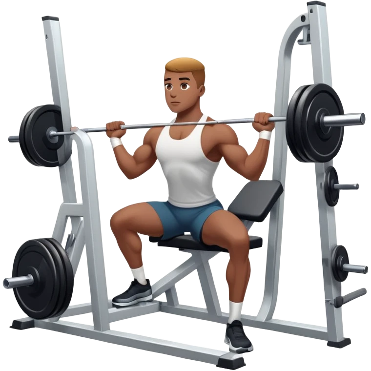 A focused athlete using a gym machine, lifting weights with determination. The gym has modern equipment, mirrors reflecting strength, and a motivating atmosphere. The athlete's concentration shows dedication and commitment to fitness emoji