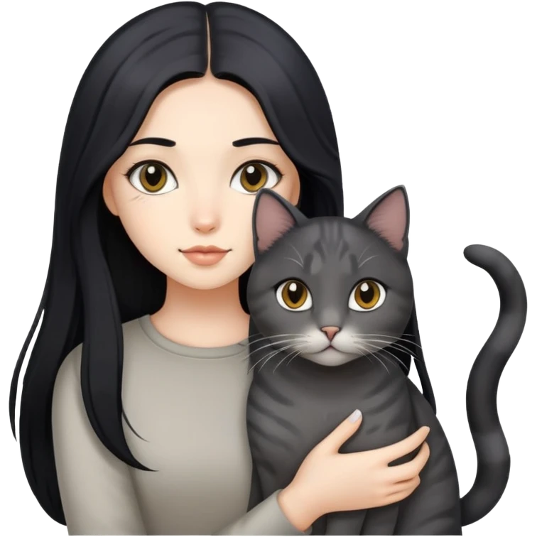 Beautiful girl with long black hair holding a gray and blonde mixed cat emoji