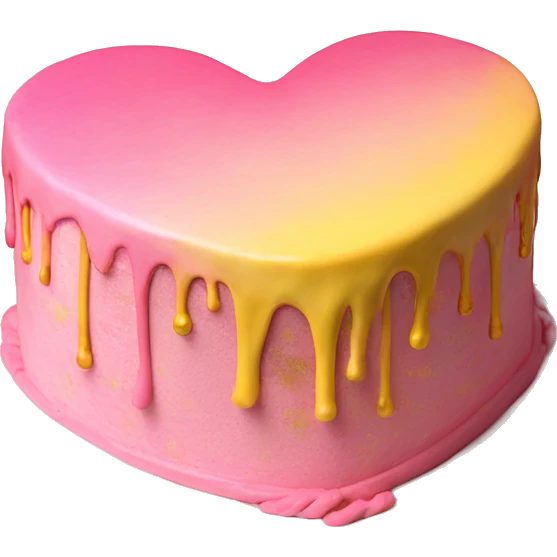 Realistic pink and yellow heart shaped layered cake with metallic gold icing dripping down the cake. emoji