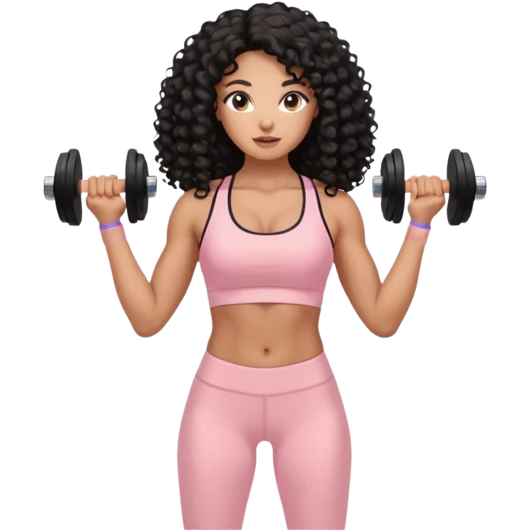 Mixed-race athletic woman with bronzed caramel skin, long black curly hair, wearing pastel pink sports bra and leggings, lifting soft beige dumbbells emoji