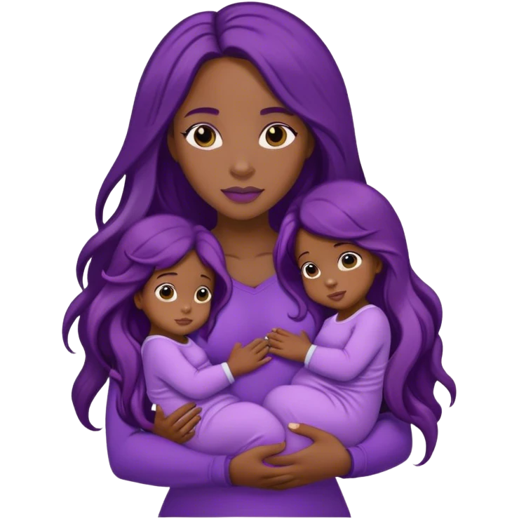 Black woman with twins in her arms wearing purple and long hair.  emoji