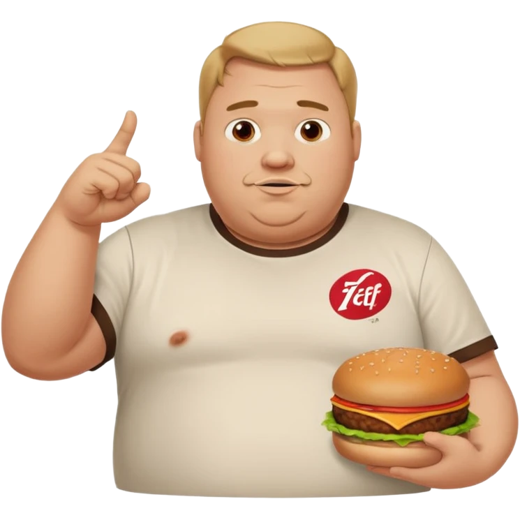 A very fat guy in an Alex Zero T-shirt, holding burgers, giving likes and dislikes, and pointing at KFC. emoji