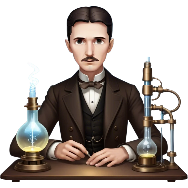 Nikola Tesla – Cinematic Realistic Portrait of Nikola Tesla, depicted as a visionary inventor with intense, thoughtful eyes and period attire, surrounded by subtle arcs of electric light and early laboratory apparatus, rendered with dramatic lighting that evokes mystery and innovation. emoji