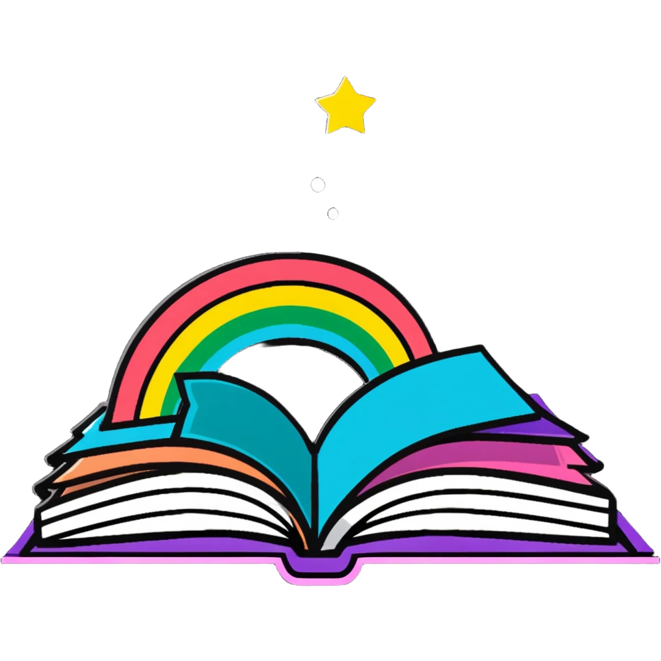 Rainbow colored book with twinkling sparkles around it emoji