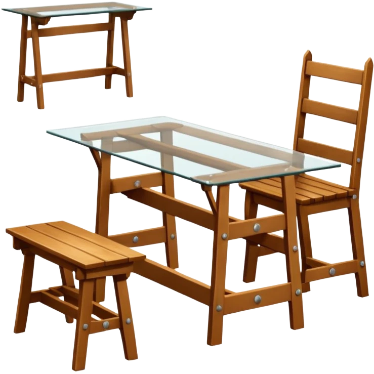 A glass topped rectangular trestle table with a high-backed chair on each short side and a bench on each long sided  emoji