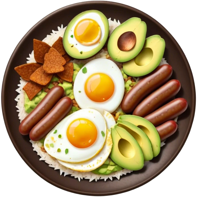 Bandeja Paisa Cinematic Realistic Bandeja Paisa Dish Emoji, depicted as a hearty platter featuring rice, beans, avocado slices, one sausage, a perfectly cooked egg, and crispy pork crackle, rendered with vivid textures and robust, inviting lighting. emoji
