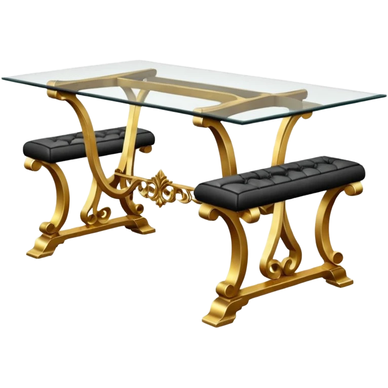 A glass topped rectangular trestle table with 2 side benches and 2 thrones at the ends emoji