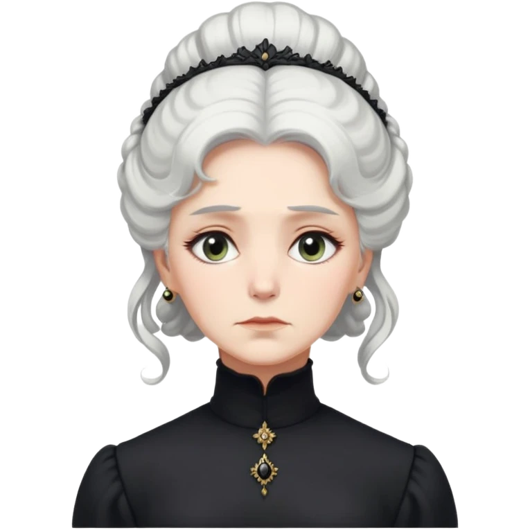 A Victorian woman with elegant coiffed white hair and light eyes wearing a modest black turtleneck mourning dress without jewelry looking down with a forlorn expression emoji