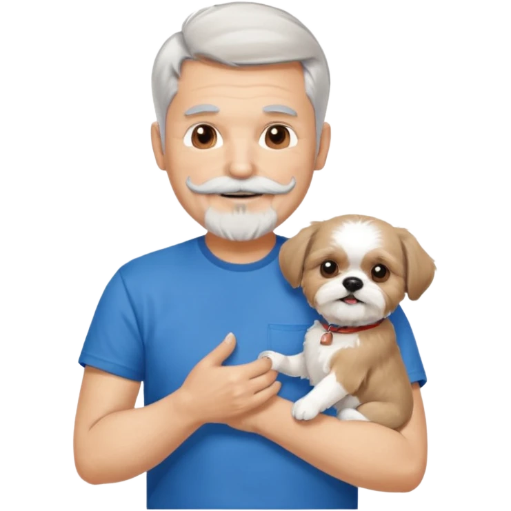 handsome gentleman, 60 years old, short silver hair, beard/moustache, wearing a blue t-shirt, smiling and holding a shih tzu emoji