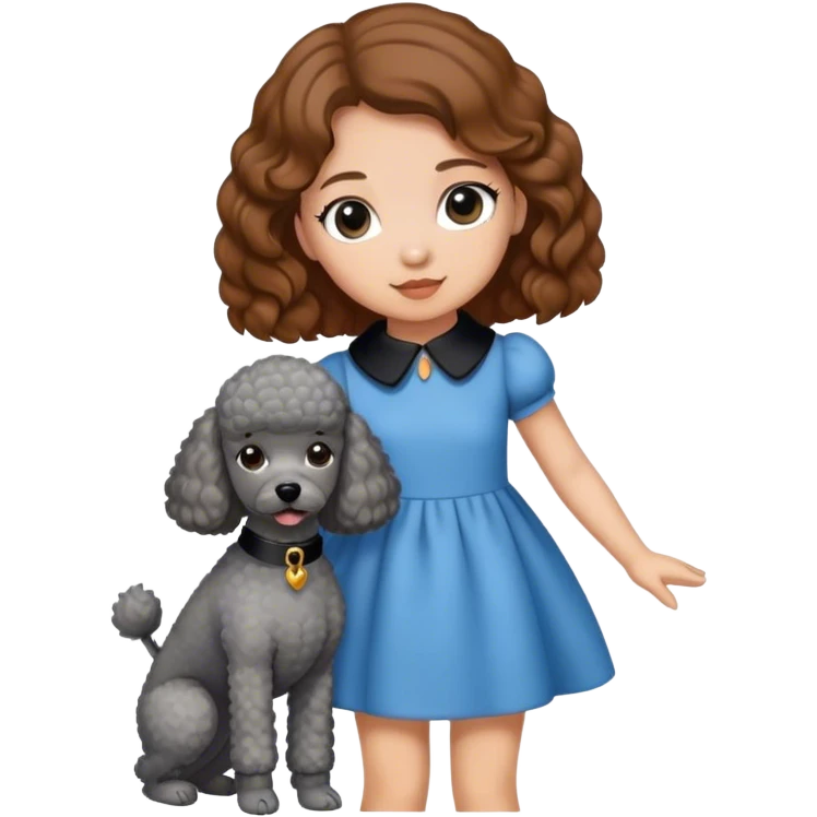 A girl with caramel brown hair holding a grey poodle emoji