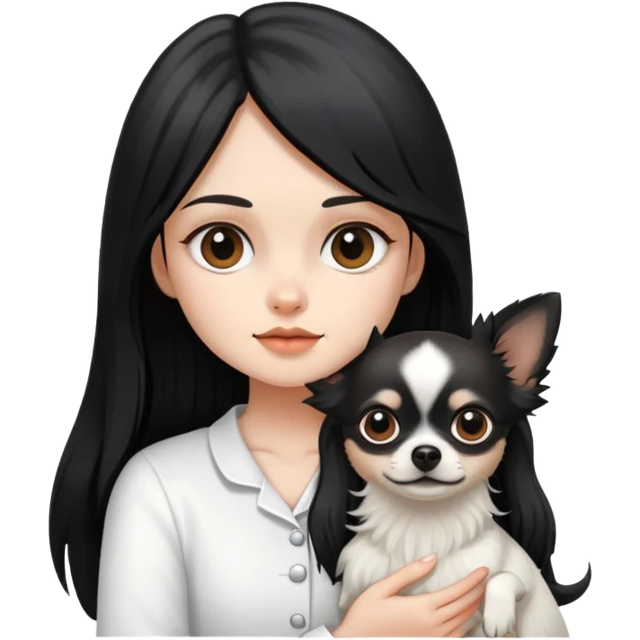 A girl with fair skin, wearing white clothes, holding a black long-haired Chihuahua emoji