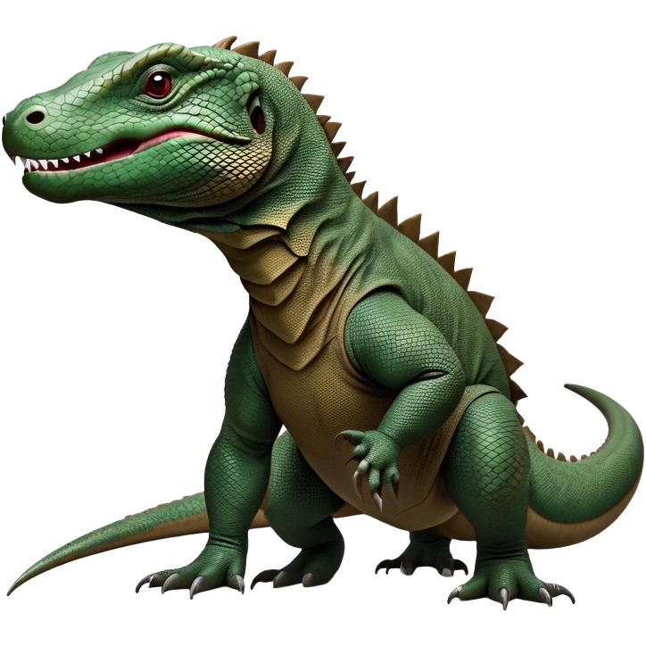 cinematic-komodo-dragon-realistic-full-body-standing on all fours-emoji,-massive-scaled-body-poised-with-quiet-power,-rough-textured-skin-dark-green-and-dark brown, black,-head-tilted-dramatically,-long-forked-tongue-flicking-out,-simplified-yet-realistic-focused-features,-highly-detailed,-glowing-with-an-almost-sarcastic-glow

 emoji