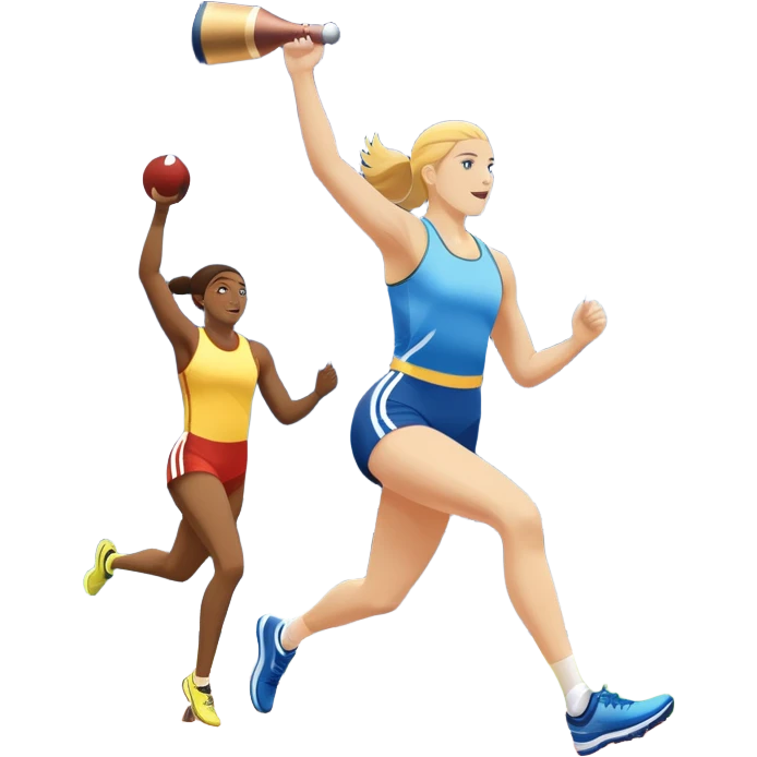 An icon featuring a collage of track and field equipment: a javelin, shot put, discus, high jump bar, and running shoes. The background shows a lively stadium with cheering fans, bright lights, and a clear sky, symbolizing the diversity of athletics. Transparent background emphasizes the sport. emoji