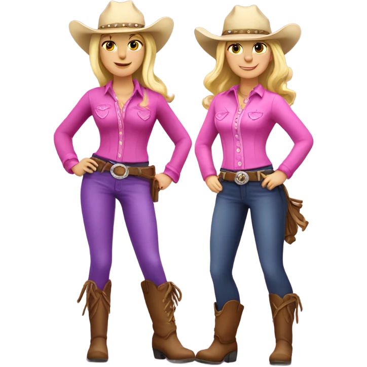 Two blonde cowgirls wearing pink and purple  emoji