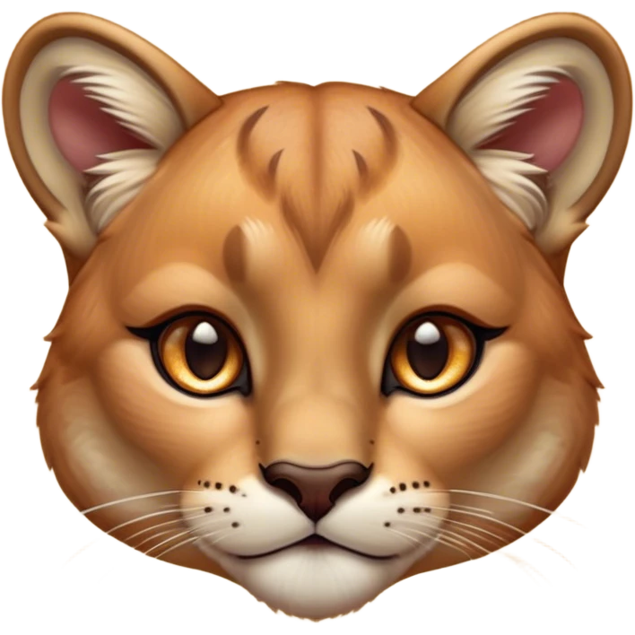 Cinematic Cute Cougar Portrait Emoji, Head tilted playfully and inquisitively, featuring a glossy, tawny Fur with delicate dark markings and round, sparkling amber eyes filled with curious mischief, Simplified yet irresistibly adorable features, highly detailed, glowing with a warm, friendly glow, high shine, affectionate and agile, stylized with a touch of wilderness whimsy, bright and endearing, soft glowing outline, capturing the essence of a mischievous yet loving cougar, so playful it feels like it could prowl out of the screen and into your arms! emoji