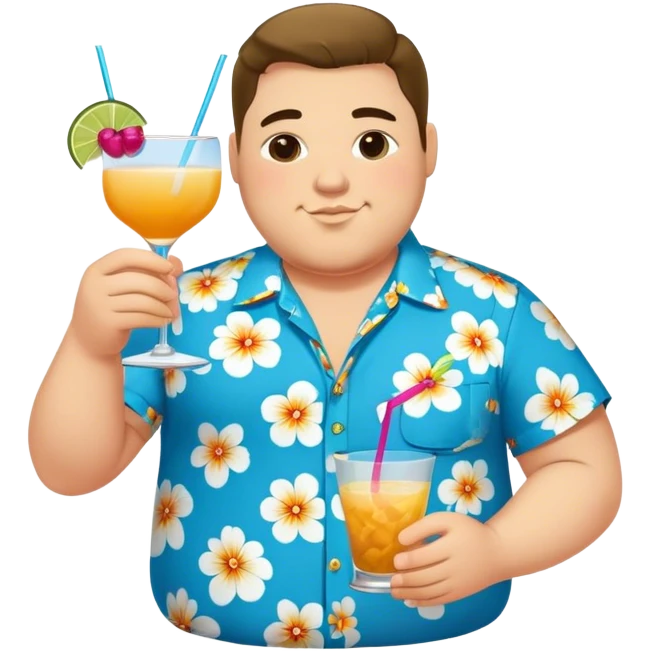 chubby guy full figure in a flowered azure havai shirt holding a cocktail emoji
