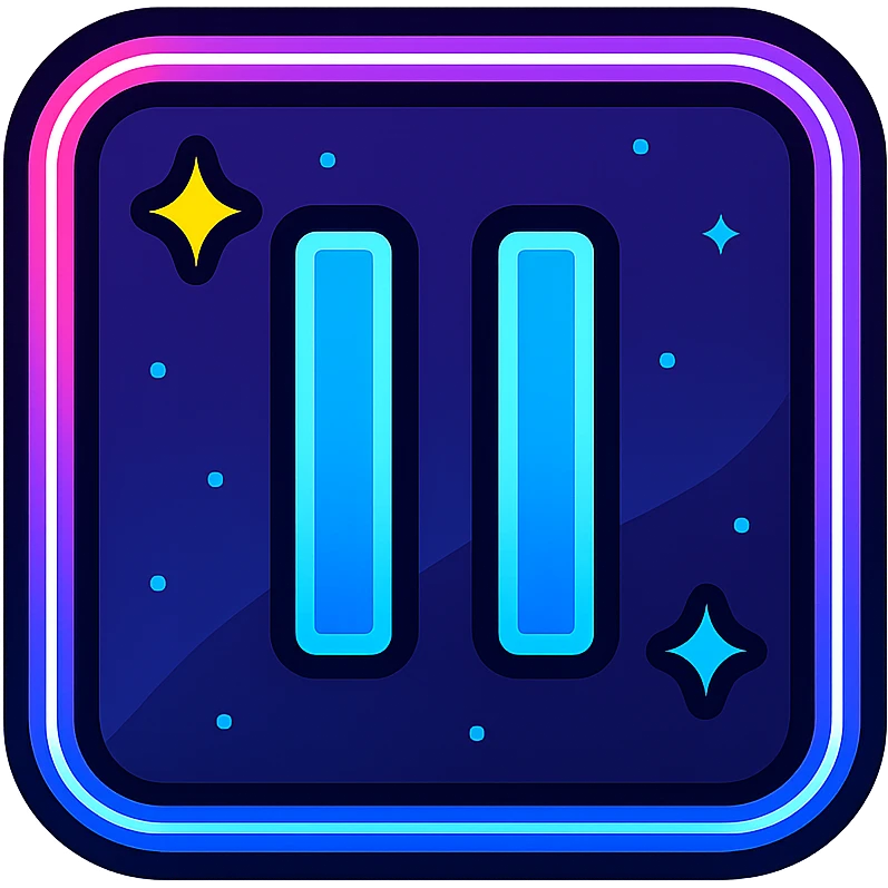 pause icon with dark purple, blue, and black base, bright accents, complex gradients, stars, bright neon border, modern clean pause symbol, glow and lighting effects, sophisticated futuristic icon style emoji