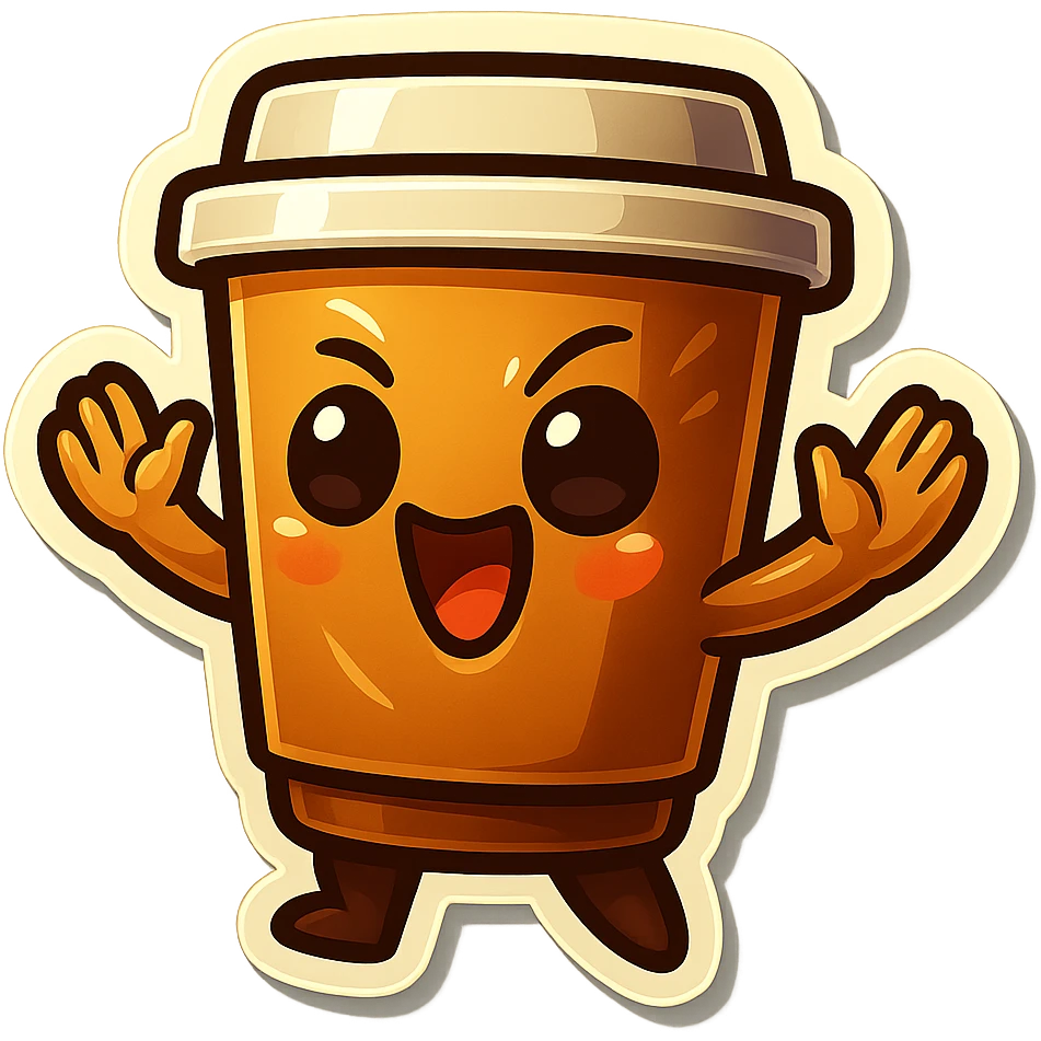 Tall coffee cup, dramatic, laughing, hands up in defense emoji