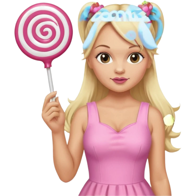 Emma Bunton with long blonde ponytails wearing light pink body dress holding a lollipop emoji