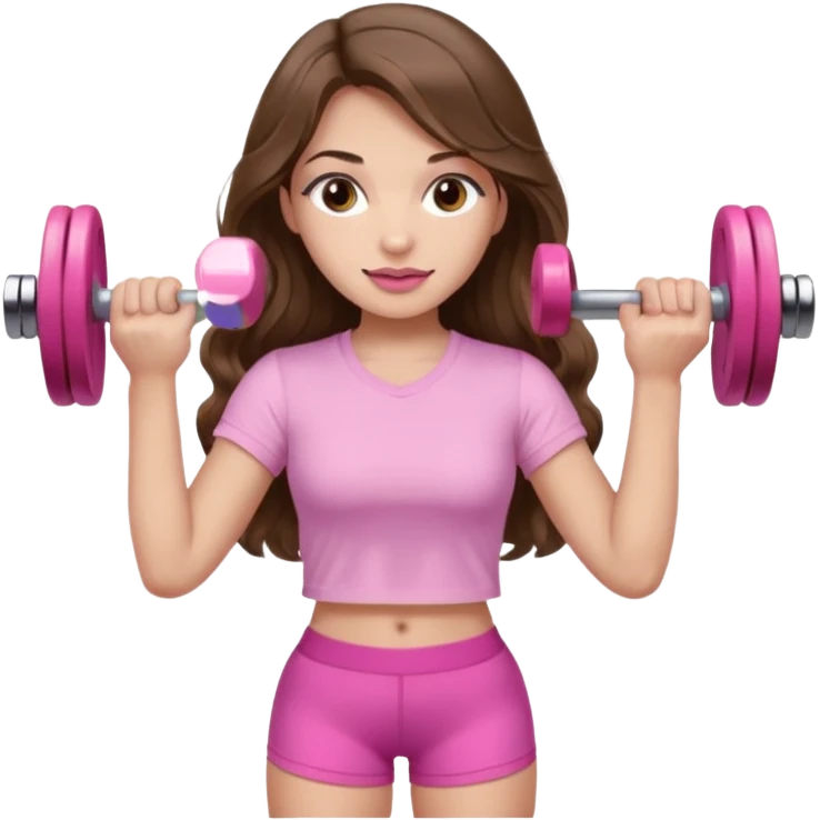 girl with wavy long brown hair, brown eyes, light to medium complexion, long lashes, light pink lipstick, wearing light pink shirt, lifting a pink dumbbells in a shorts top emoji