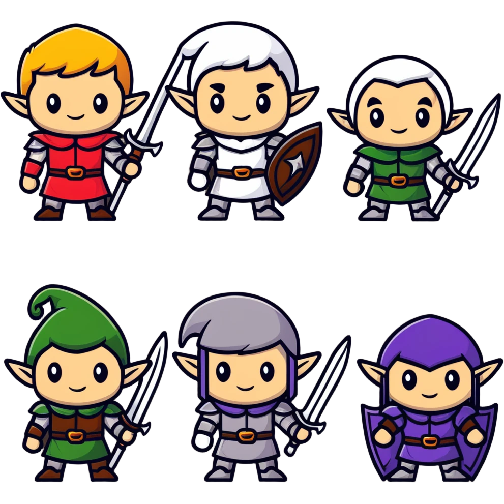 Lineage 2 character group with Human knight, Elf archer, Dwarf fighter, and Dark Elf mage emoji
