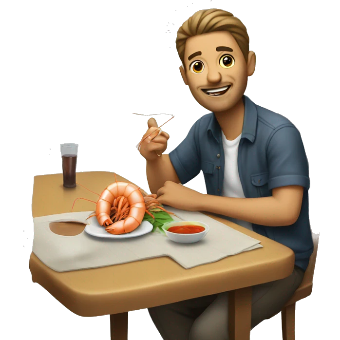 casual dude at the table add a shrimp in his mouth emoji
