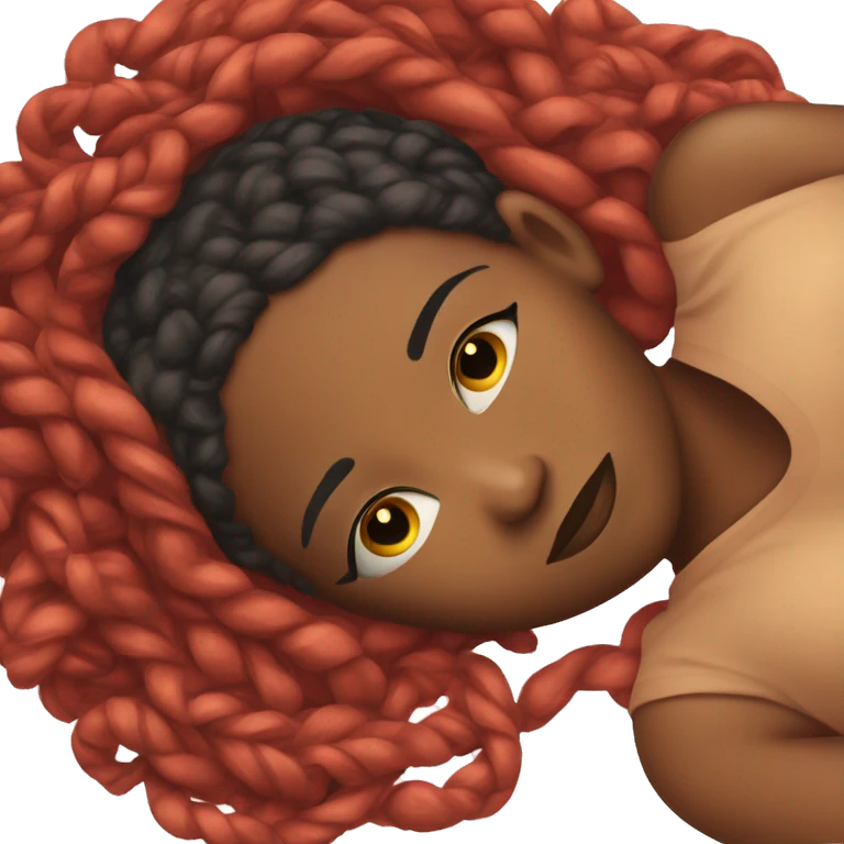 Black woman laying on floor sick, red braids emoji