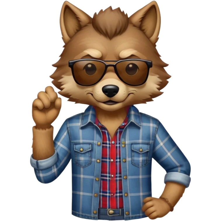 head and shoulders friendly brown-furred anthropomorphised wolf in plaid shirt and jeans, wearing dark sunglasses, upright pose emoji