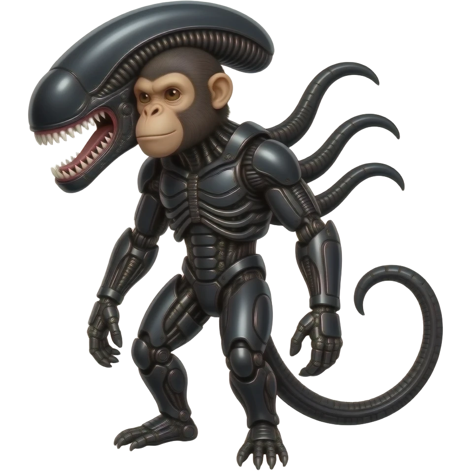 A monkey with Xenomorph features, elongated head, black exoskeleton, and biomechanical appearance emoji