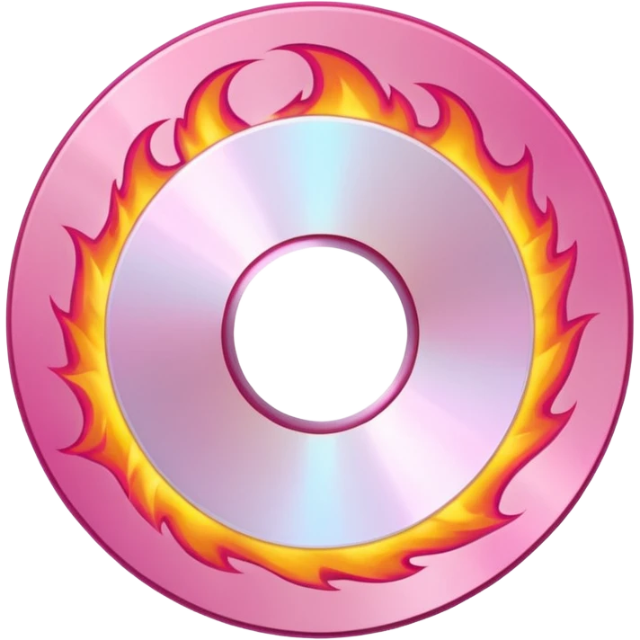 A minimalist CD disc with a subtle fire design, pink and white flames, with a circle in the middle and a hole in the center emoji