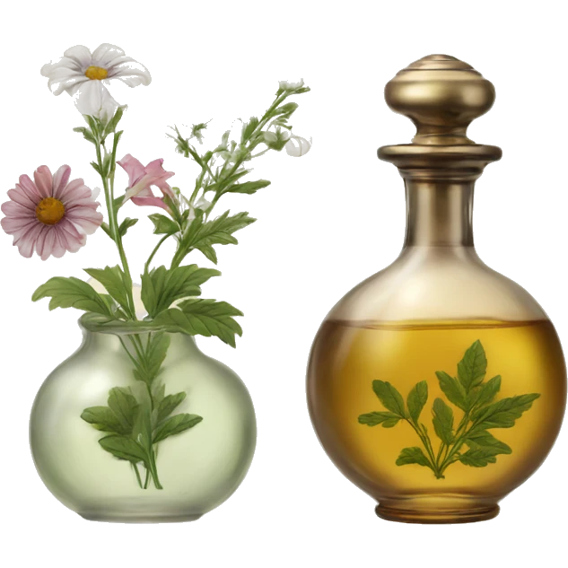 Two Antique oil perfume bottles with herbal and flowers emoji