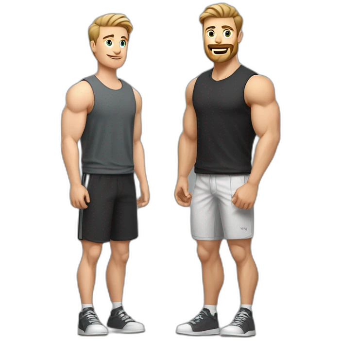 Full height Actively gesturing with hands Pale skinned Fit Man With the biceps and light brown hair with Bristle in dark gray Sleeveless Mike, black oversize sports shorts and white Sneakers emoji
